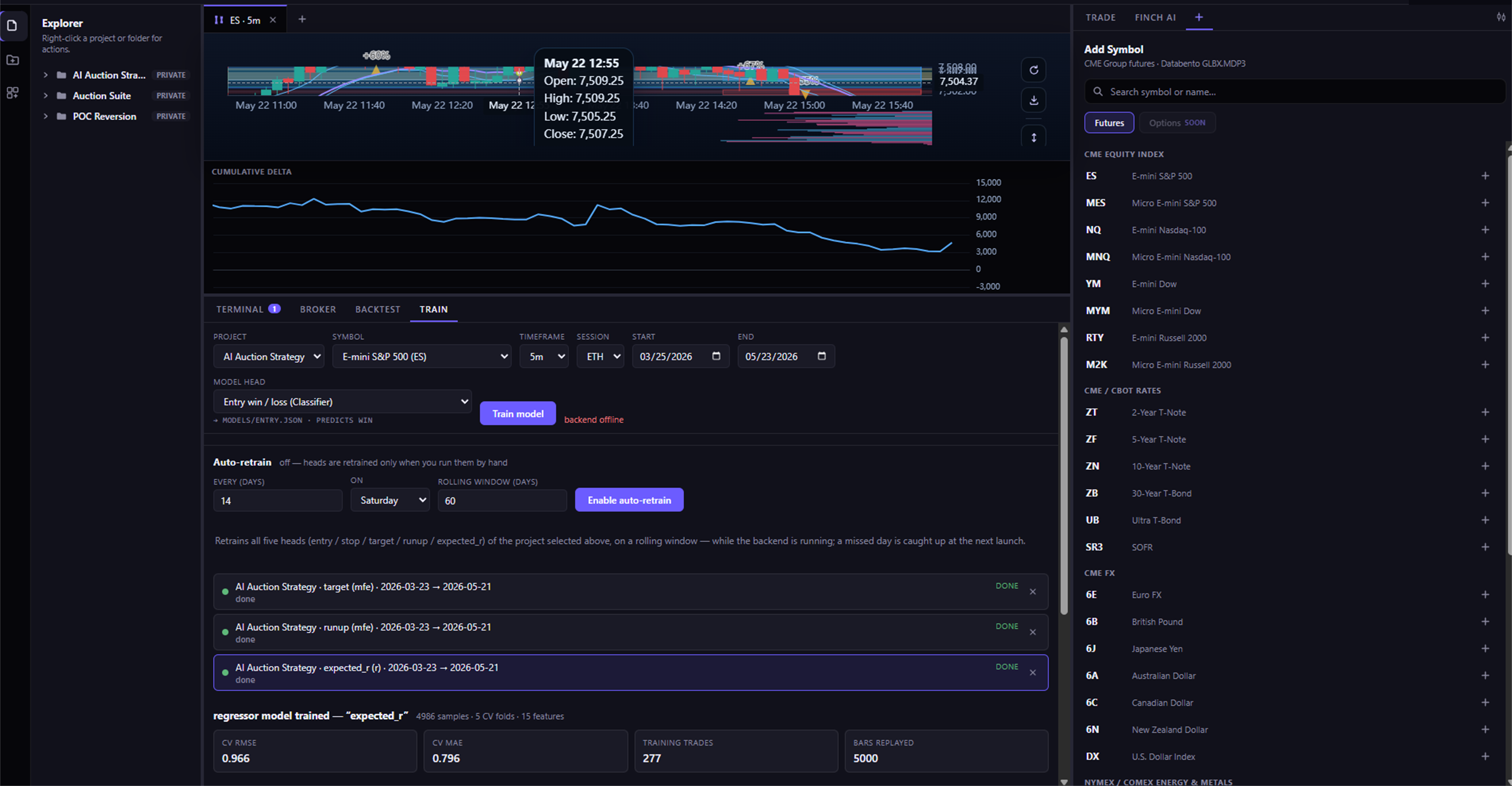 FineCharts AI training screen with regression model results and symbol list